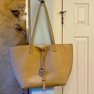 BCBG cream tote bag and makeup bag